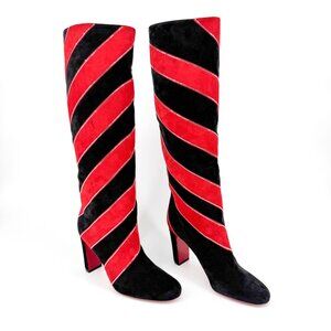 Christian Louboutin Gael Knee High Boot Size 39.5 US 9.5 Black Red Stripe Strass